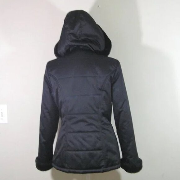 Black Puffer Jacket Hood Faux Fur Trim SMALL - Picture 5 of 12